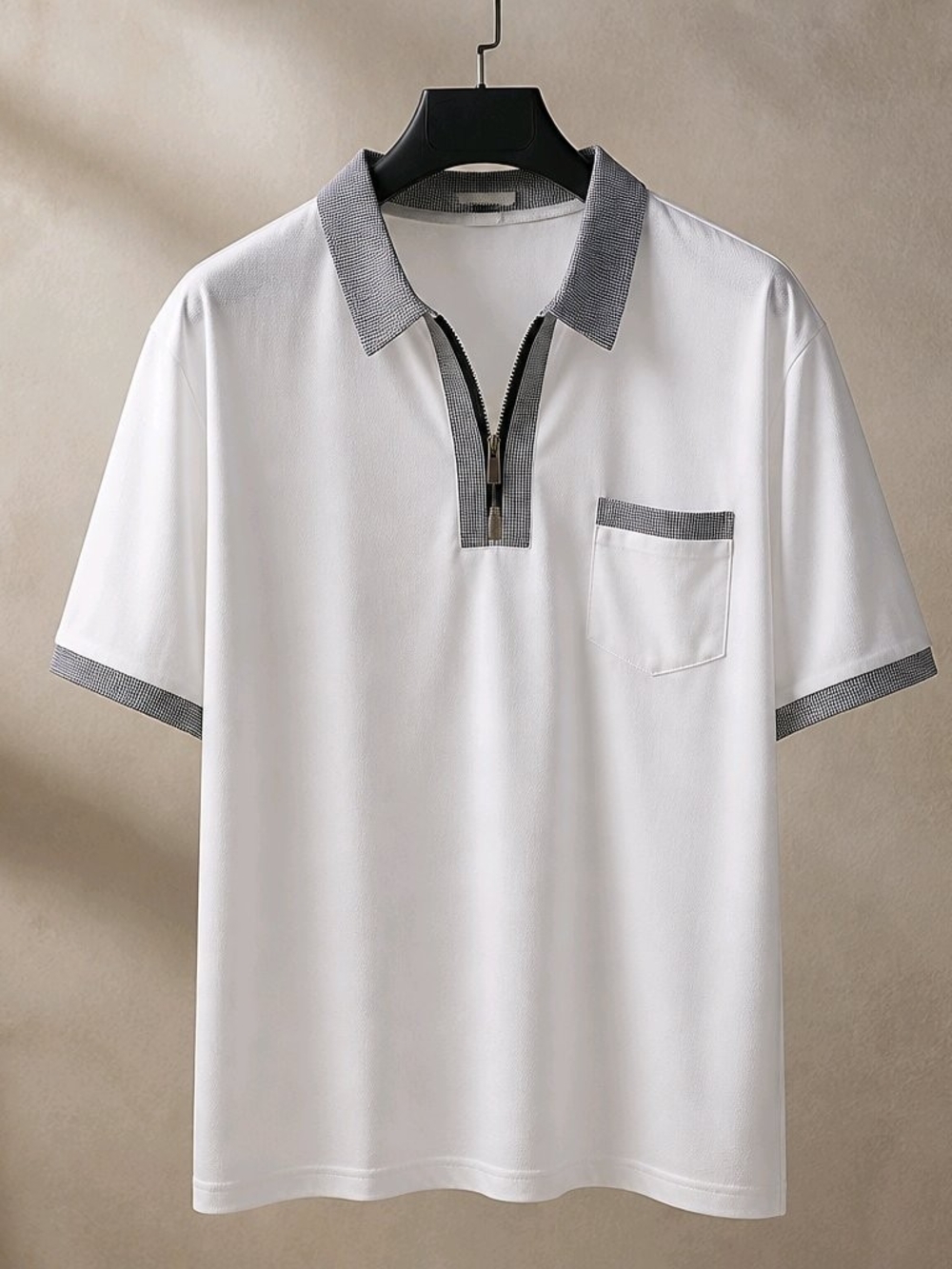 Men's White Zip-Front Polo with Contrast Gray Trim